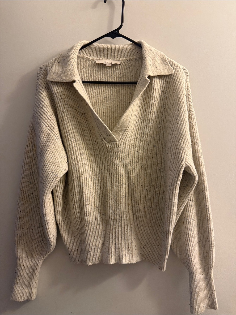 LOFT Cream Ribbed Collared V-Neck Sweater